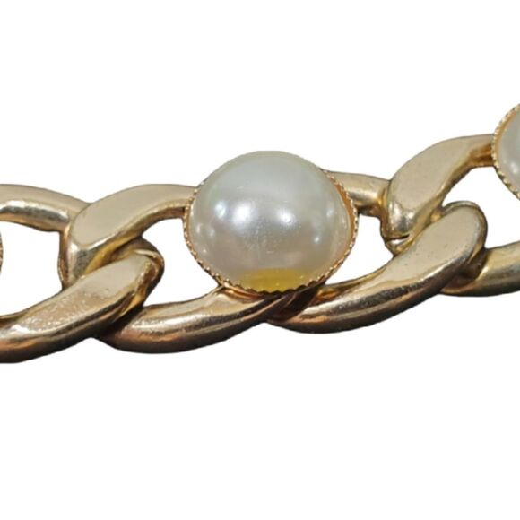 Faux Pearl Bead Gold Tone Link Chain Necklace 16" Chain - Picture 9 of 11